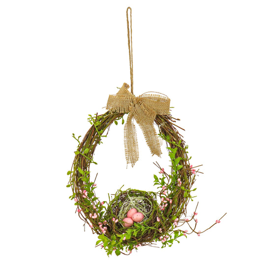 Artificial Bird's Nest Hanging Wall Decoration, Woven Branch Base, Decorated with Leafy Greens, Bird's Nest with Pastel Eggs, Burlap Bow, Includes Hanging Loop, Spring Collection, 11 Inches